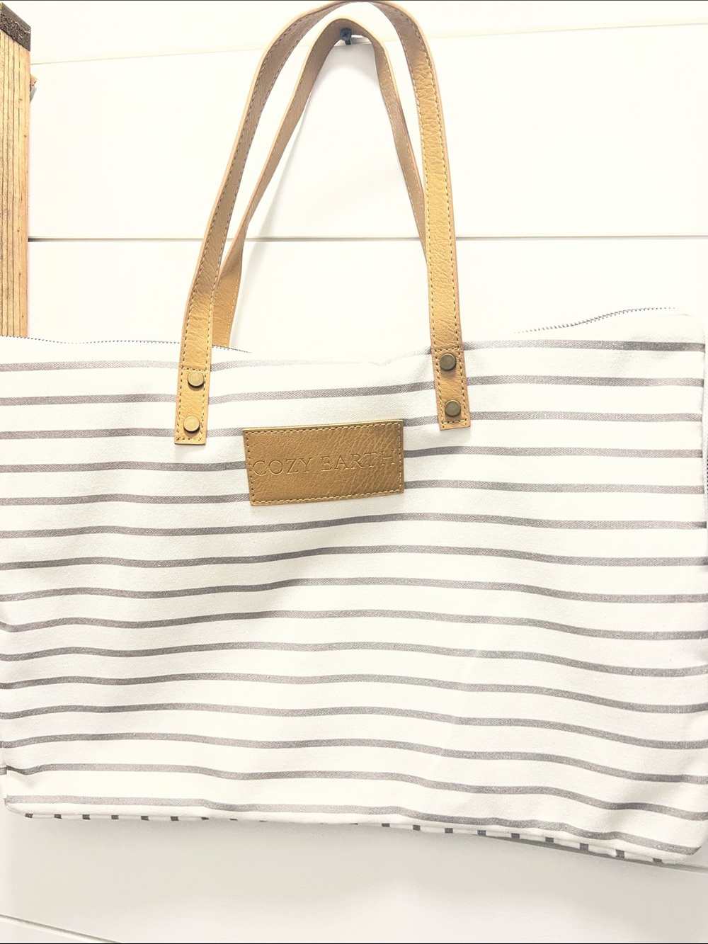 Cozy Earth Striped Canvas Tote in White and Tan
